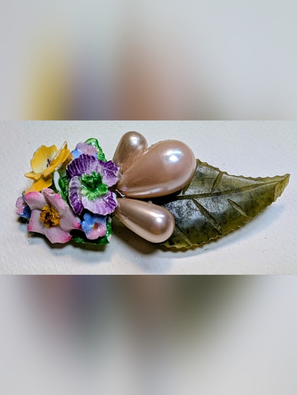 Wendy Gell porcelain flower brooch with pearls and glass leaf.